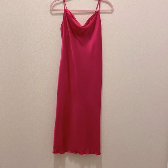 SATIN COWL NECK SLIP MIDI DRESS IN FUSHIA - Picture 4 of 10